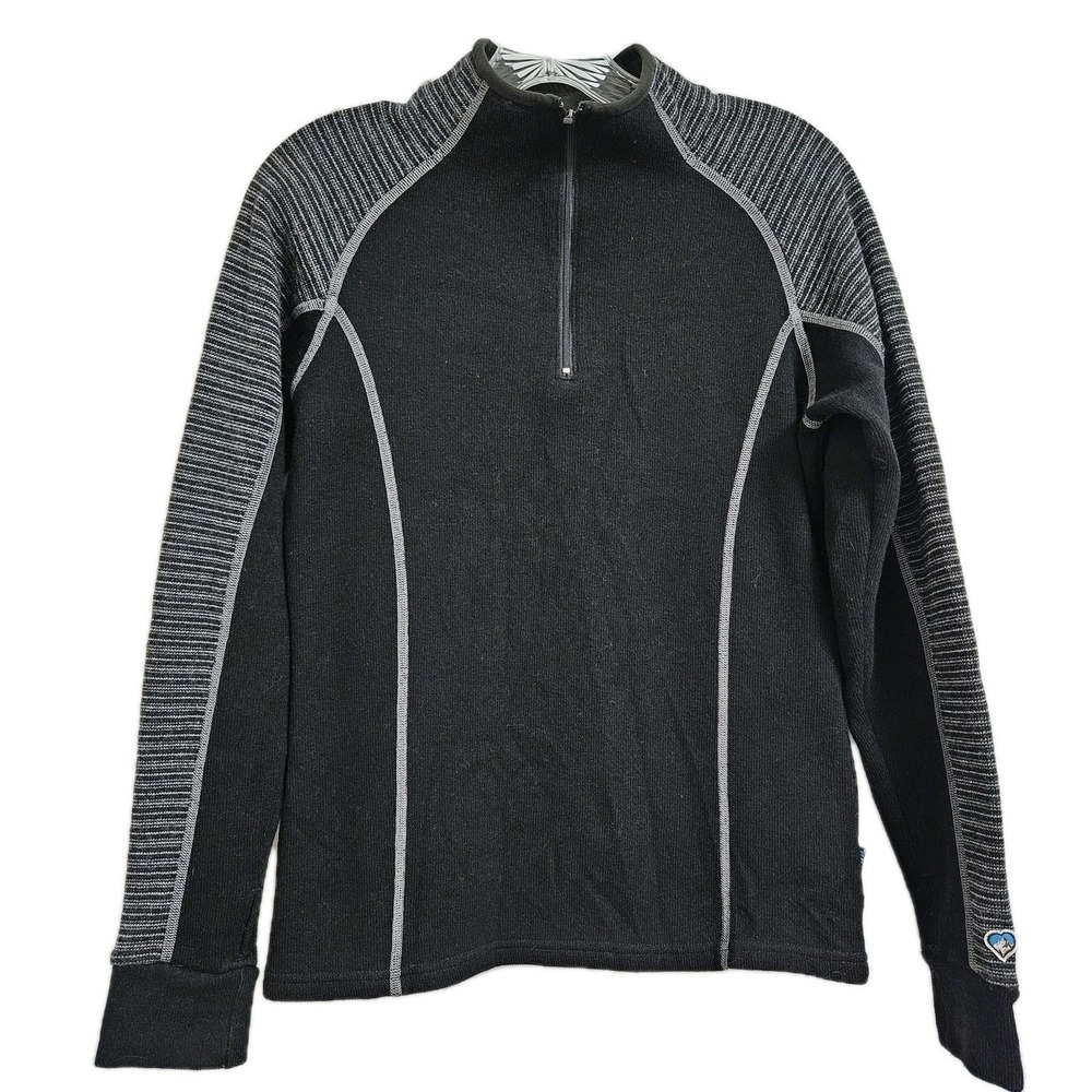 Kuhl Fleece Pullover Womens S Black Chianti 1/4 Zip Wool Blend Striped Thumbhole